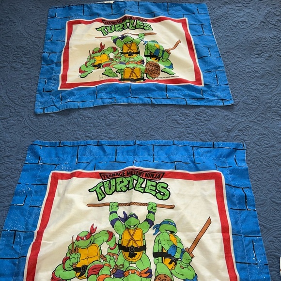 Vintage 1990 Twin Sheet Set Flat Fitted Pillowcase Teenage Mutant Ninja Turtles - Picture 4 of 10